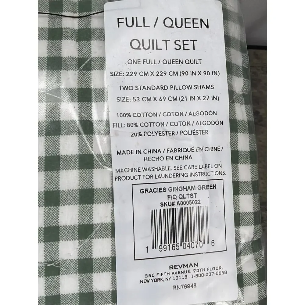 Full/Queen Quilt Set, Cotton Bedding with Matching Sham- Gracies Gingham Green